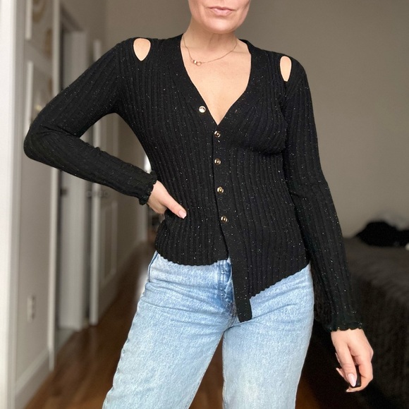 Designer Rib Knit Asymmetrical Cardigan with Lurex Knit and Gold Buttons - Picture 7 of 10